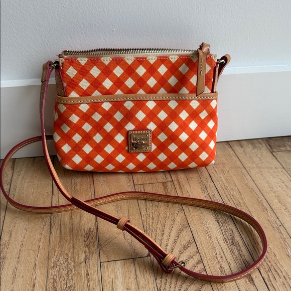 Dooney Bourke Handbags - Dooney & Bourke Gingham Plaid
Pouchette Crossbody Orange/White
Leather Canvas